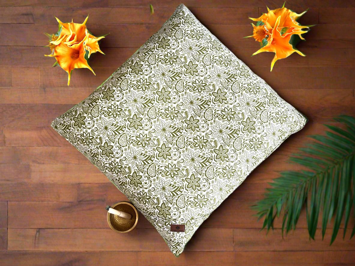 ZABUTON Meditation Cushion | Paisley Flower | Olive Green - Yoga Soul