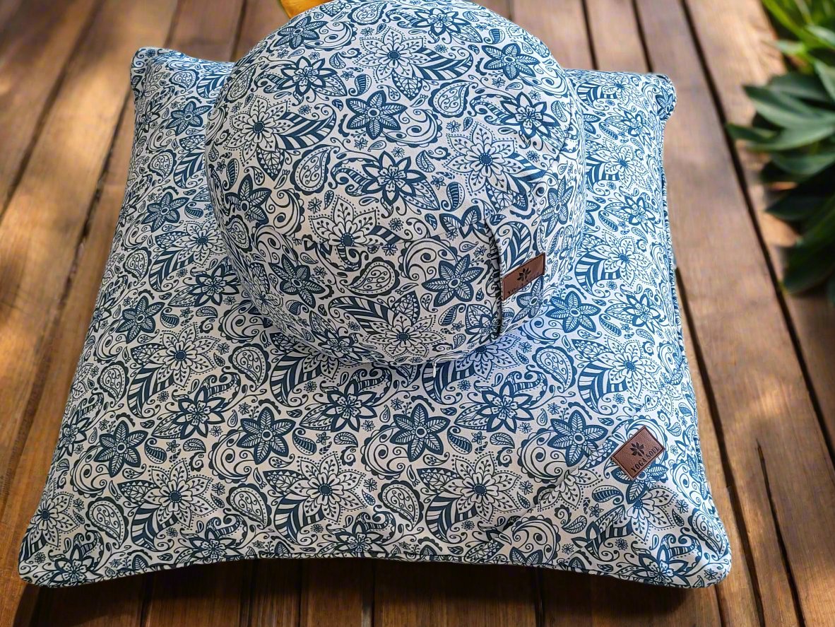 RONDO Meditation Cushion Bundle | Paisley Flower | Teal Blue - Yoga Soul