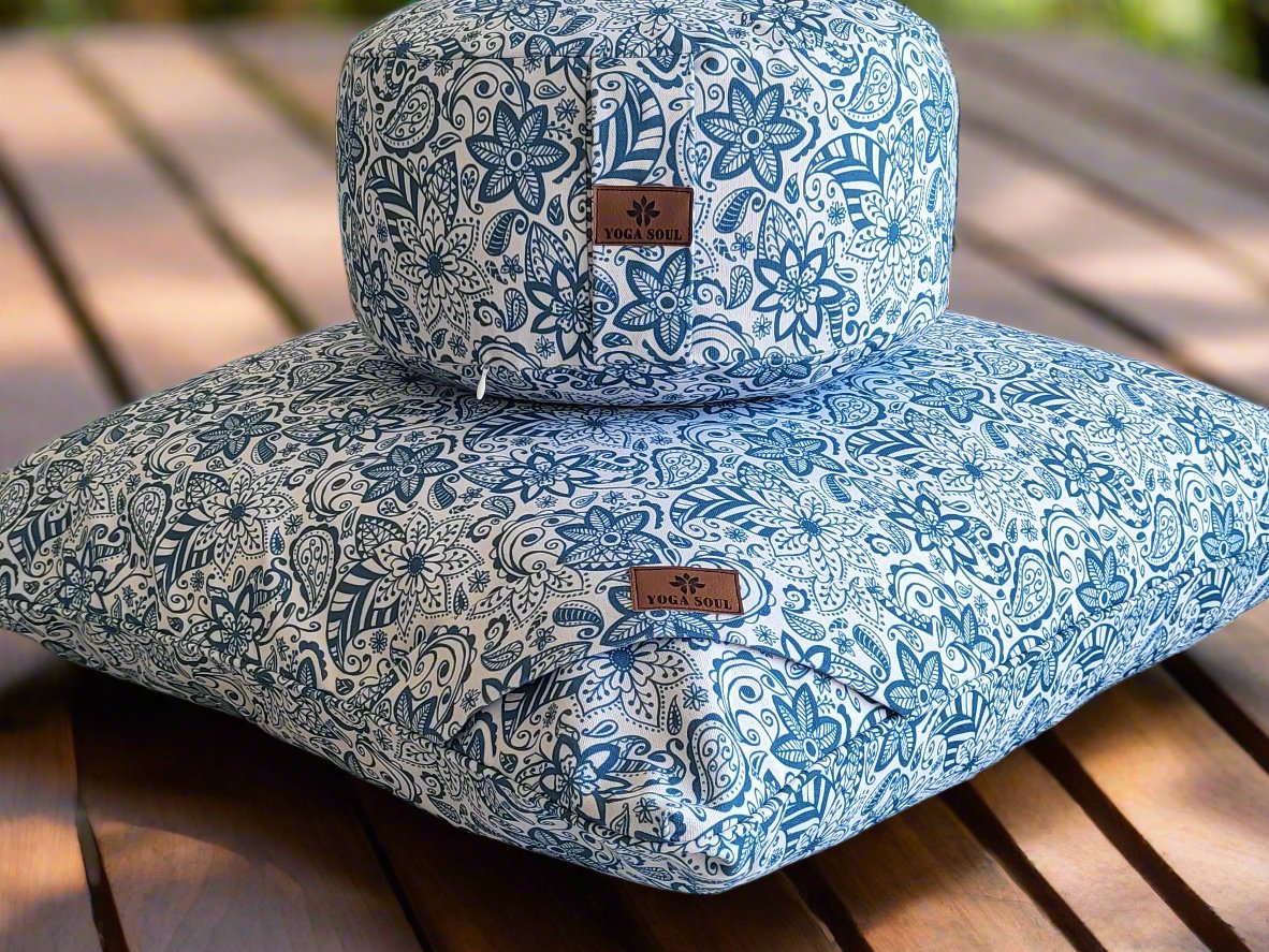 RONDO Meditation Cushion Bundle | Paisley Flower | Teal Blue - Yoga Soul