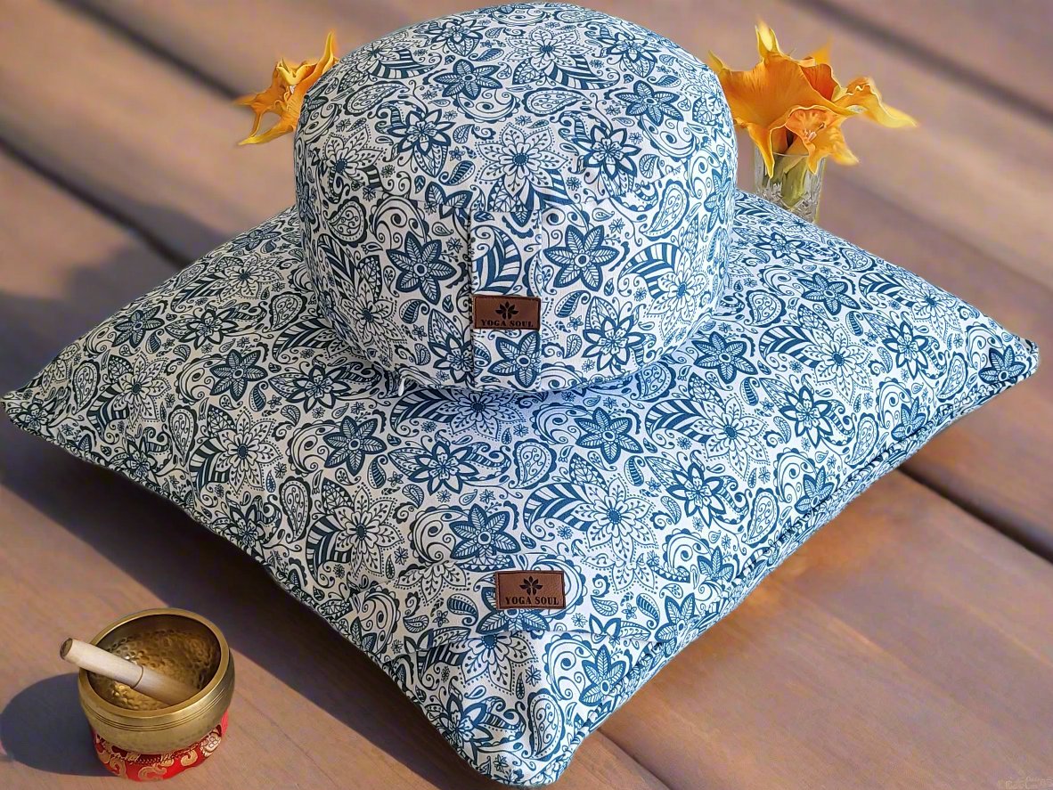RONDO Meditation Cushion Bundle | Paisley Flower | Teal Blue - Yoga Soul