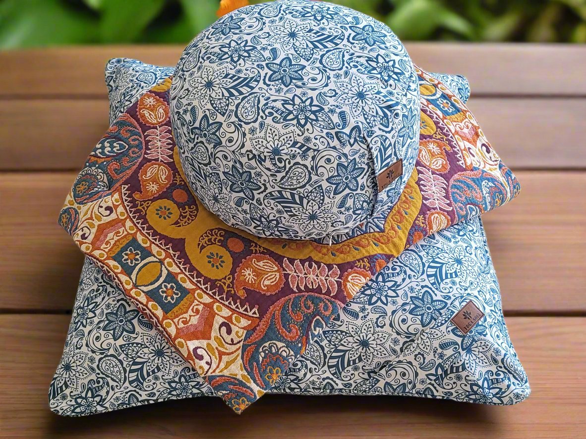 RONDO Meditation Cushion Bundle | Paisley Flower | Teal Blue - Yoga Soul