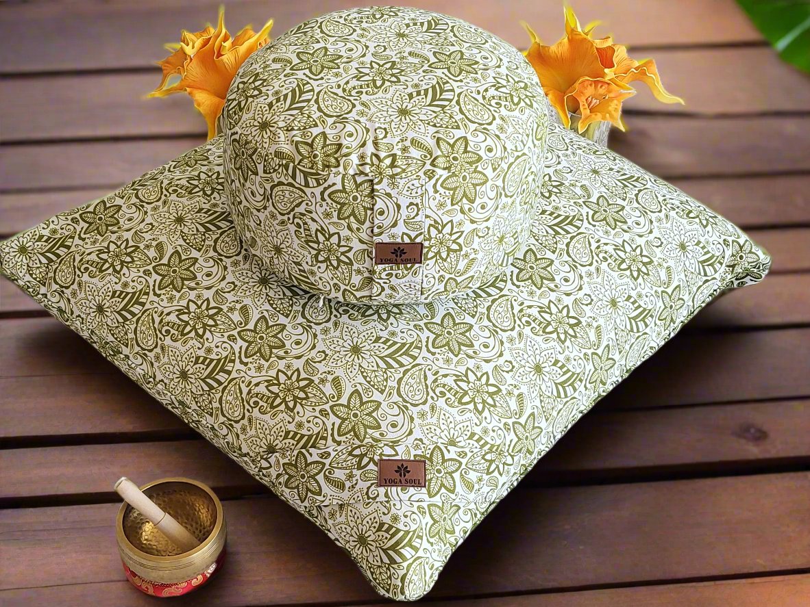 RONDO Meditation Cushion Bundle | Paisley Flower | Olive Green - Yoga Soul