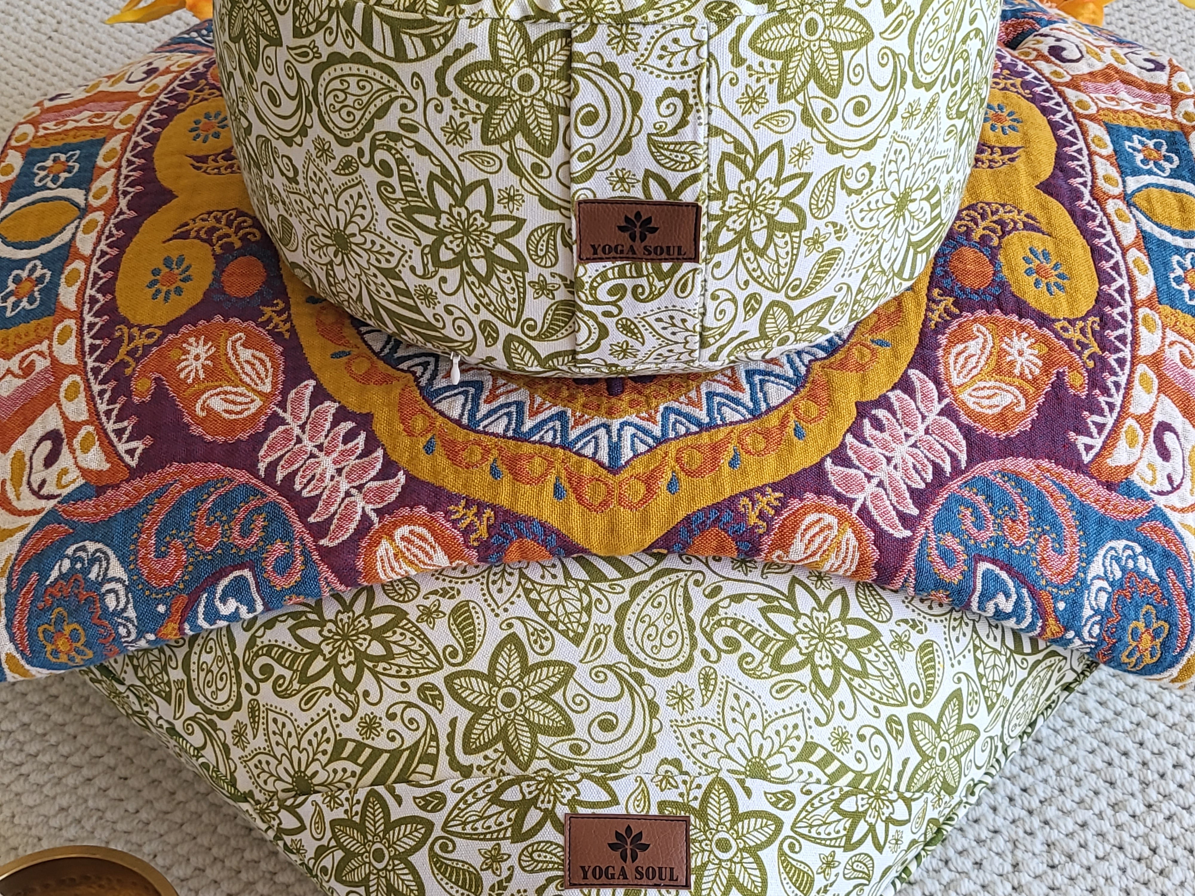 RONDO Meditation Cushion Bundle | Paisley Flower | Olive Green - Yoga Soul