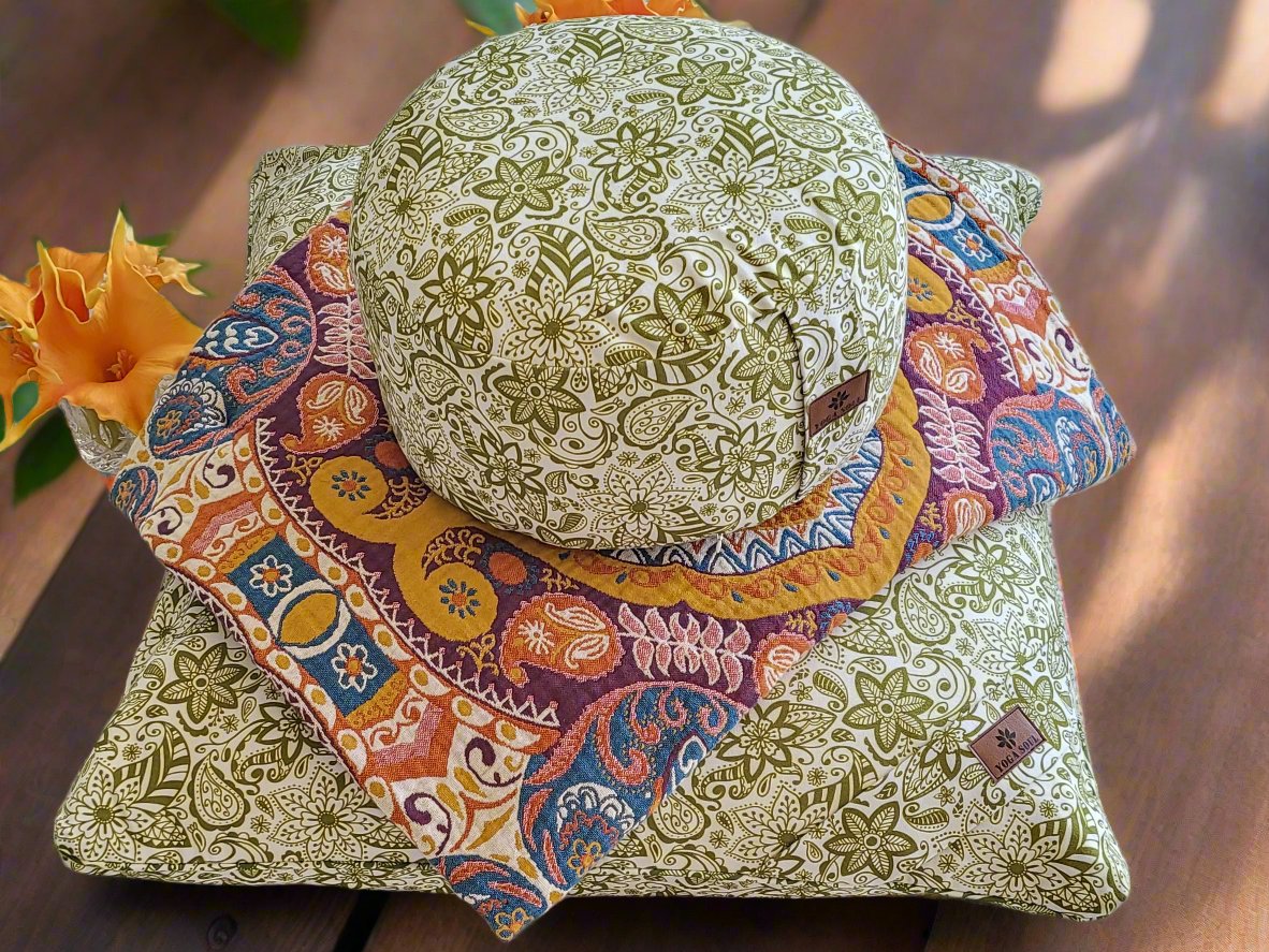RONDO Meditation Cushion Bundle | Paisley Flower | Olive Green - Yoga Soul