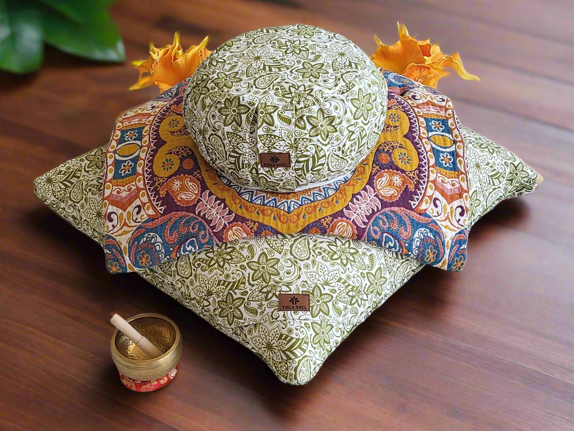 ZAFU Meditation Cushion Bundle | Paisley Flower | Olive Green - Yoga Soul