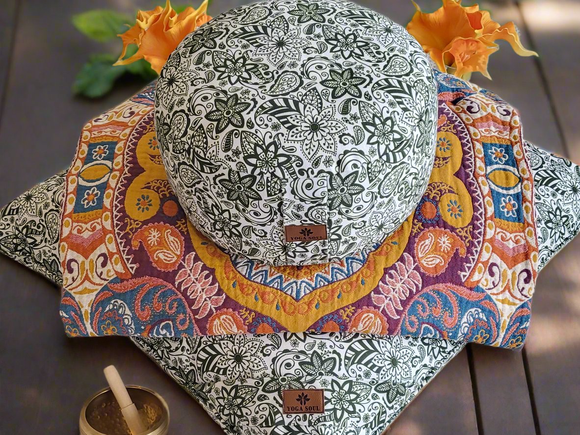 RONDO Meditation Cushion Bundle | Paisley Flower | Trekking Green - Yoga Soul