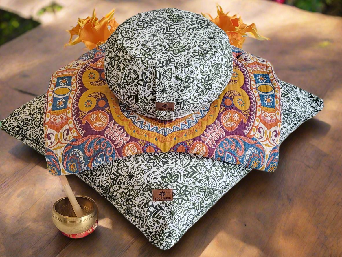 ZAFU Meditation Cushion Bundle | Paisley Flower | Trekking Green - Yoga Soul