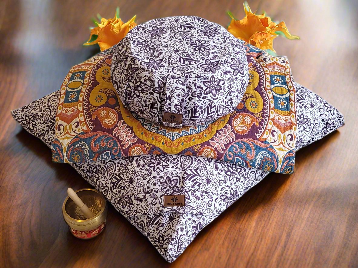 ZAFU Meditation Cushion Bundle | Paisley Flower | Purple - Yoga Soul