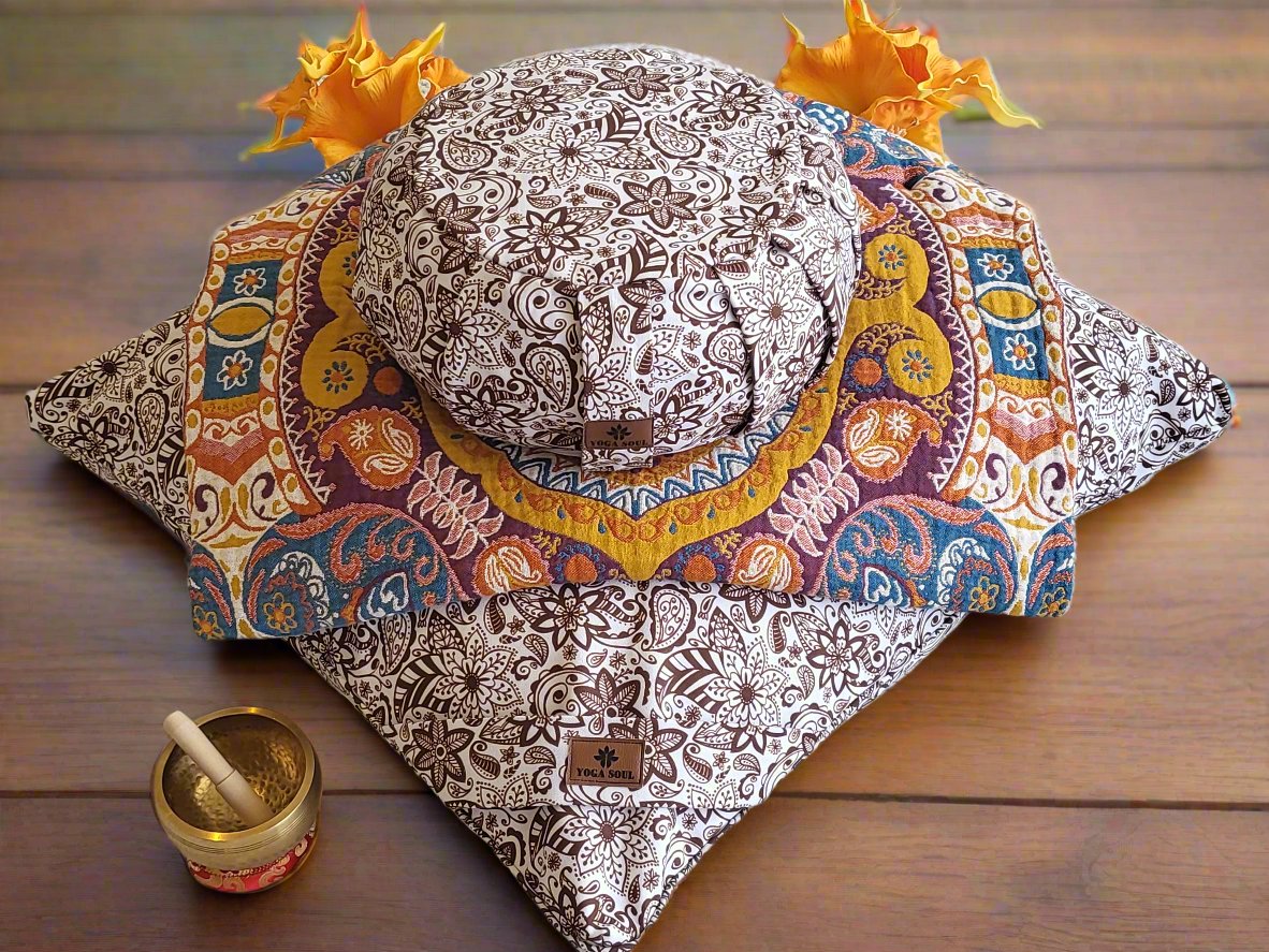 ZAFU Meditation Cushion Bundle | Paisley Flower | Chocolate - Yoga Soul