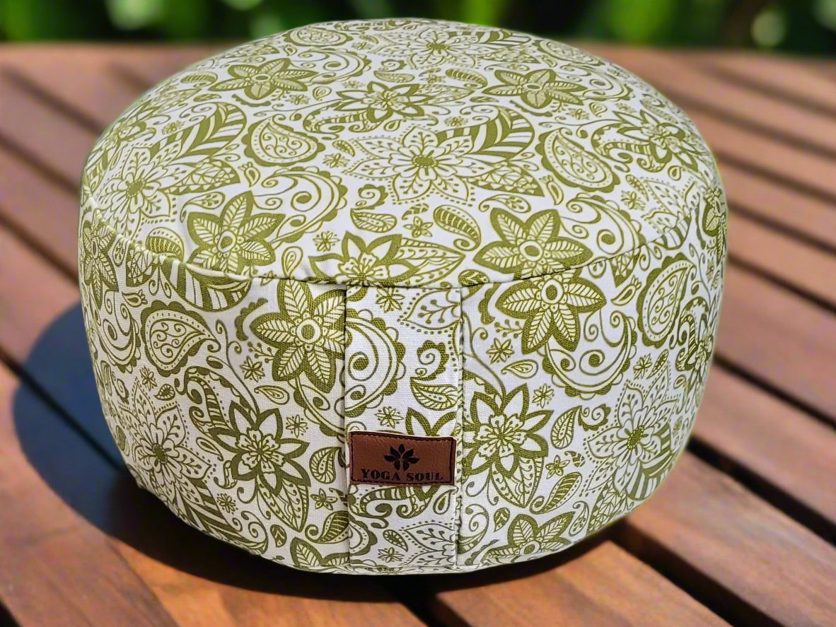 RONDO Meditation Cushion | Paisley Flower | Olive Green - Yoga Soul