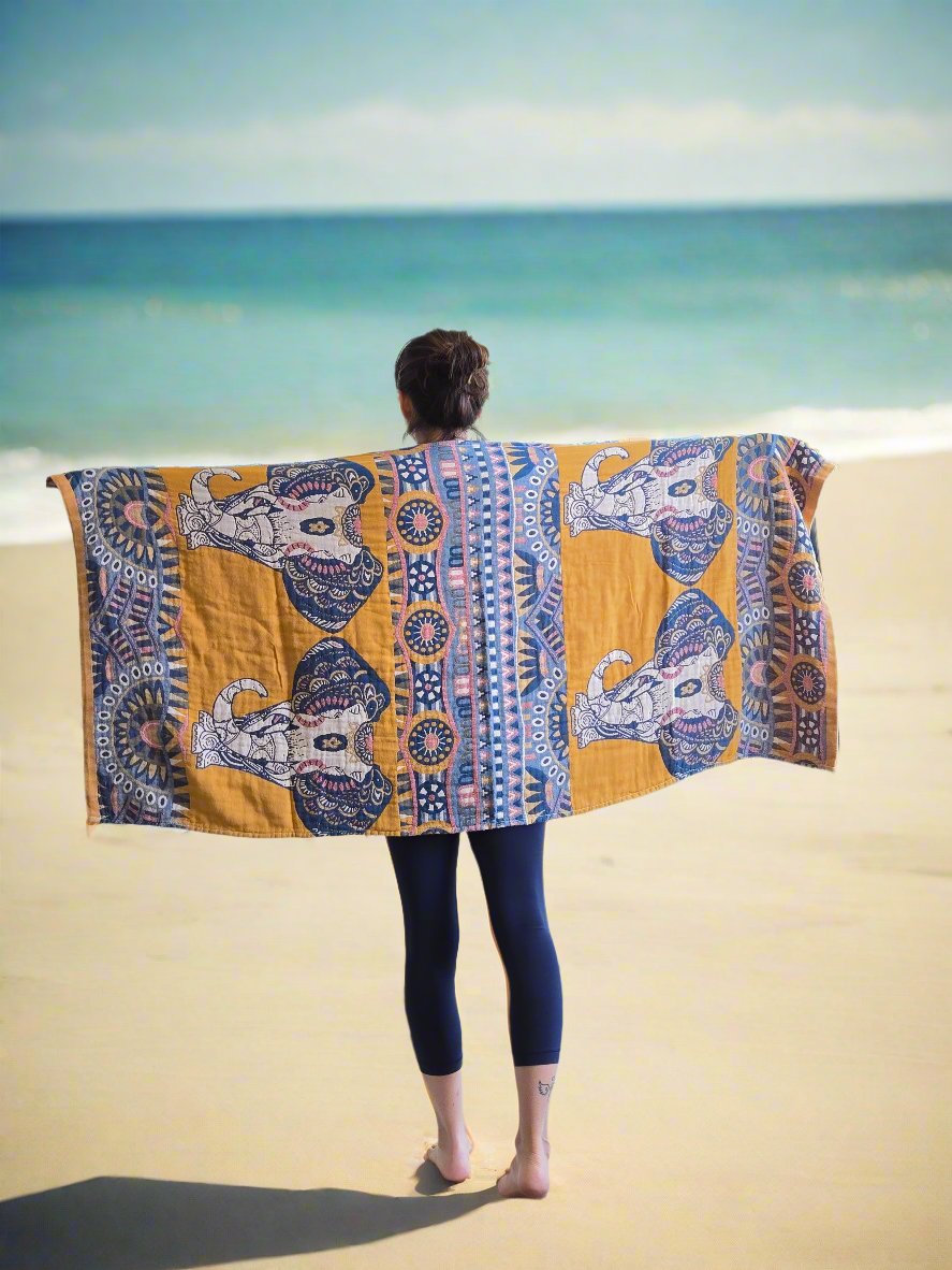 Travel Yoga Blanket | Travel Meditation Blanket | Golden Elephant - Yoga Soul