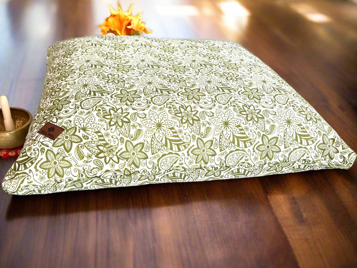 ZABUTON Meditation Cushion | Paisley Flower | Olive Green - Yoga Soul